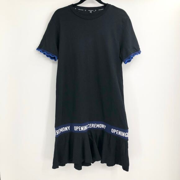 Opening Ceremony Scalloped Hem Logo-Tape Cotton Black T-Shirt Dress Size M - Picture 4 of 6
